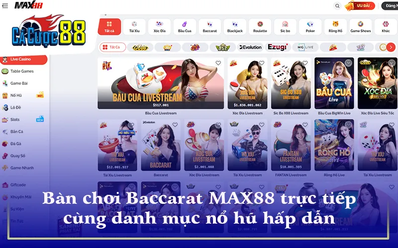 Bàn chơi Baccarat MAX88 trực tiếp cùng danh mục nổ hũ hấp dẫn