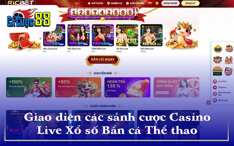 Giao diện các sảnh cược Casino Live Xổ số Bắn cá Thể thao